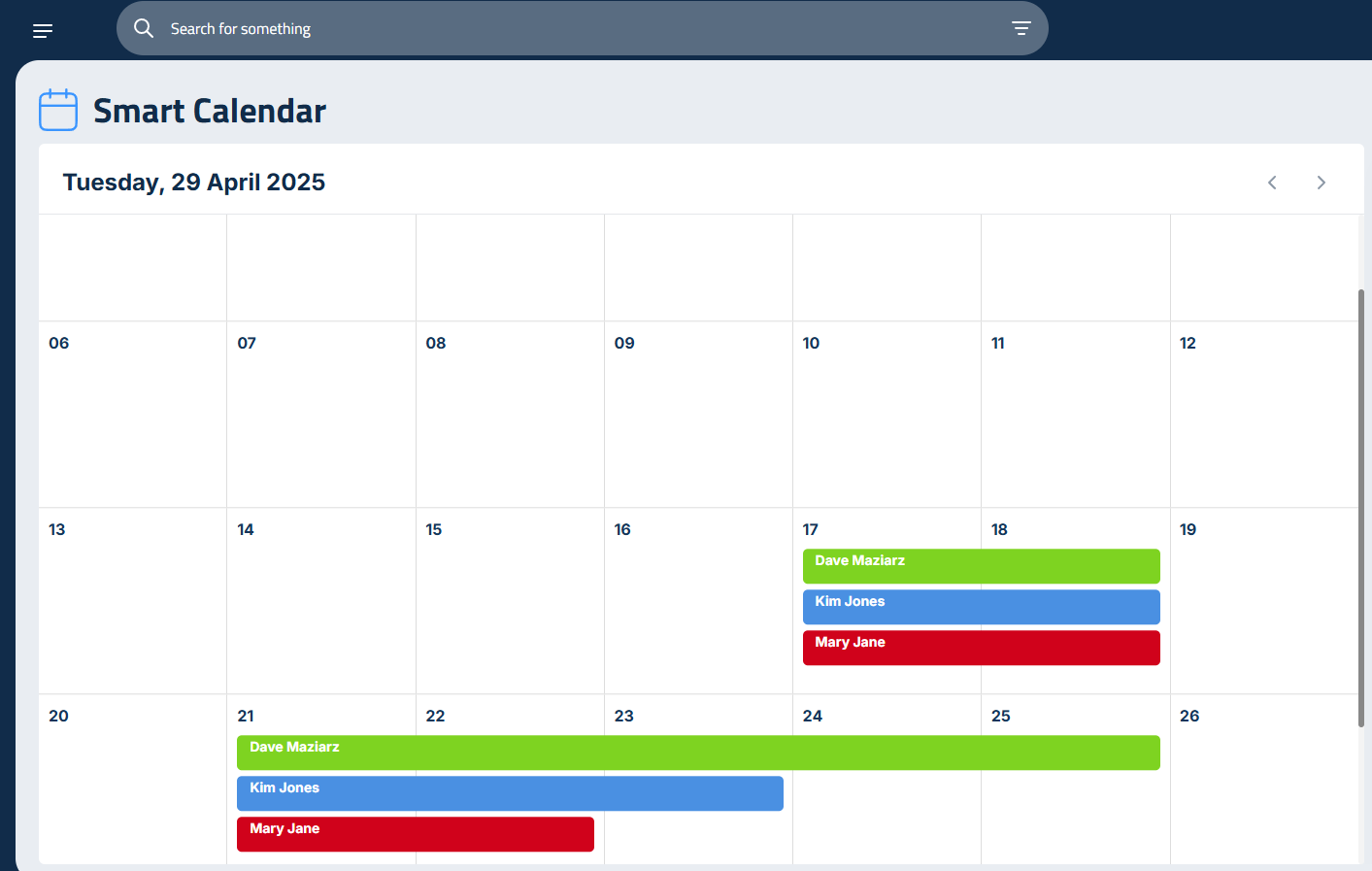 Figure 1: Smart Calendar, showing color-coded project schedules by crew.
