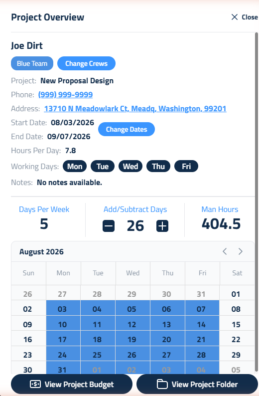 Figure 2: Project Overview in Smart Calendar, with View Project Budget and View Project Folder.