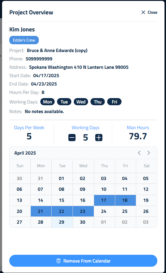 Figure 2: Project Overview in Smart Calendar, displaying crew assignments and dates.