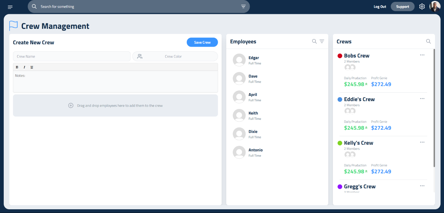 Figure 1: Crews page in Smart Calendar, showing crew creation and management options.