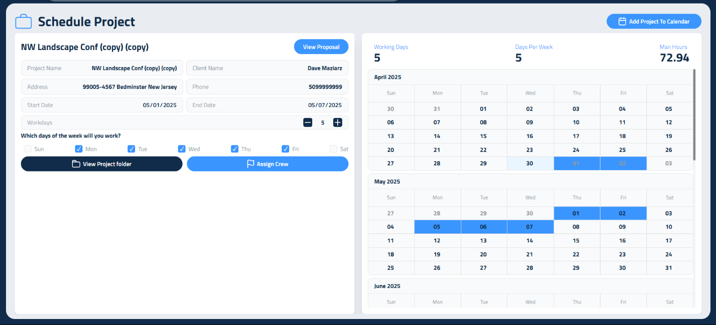 Figure 3: Crews page in Smart Calendar, showing crew creation and management options.