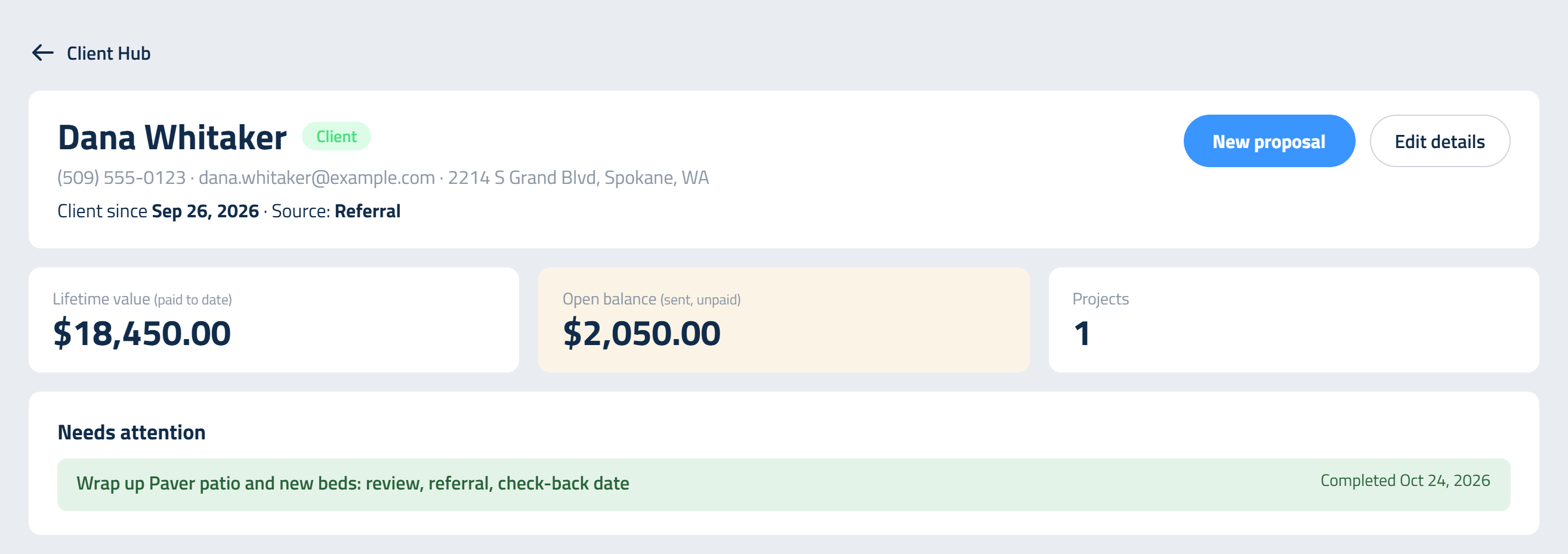 Figure 9: A client's page. What they've paid, what they owe, and what needs doing, before you scroll.