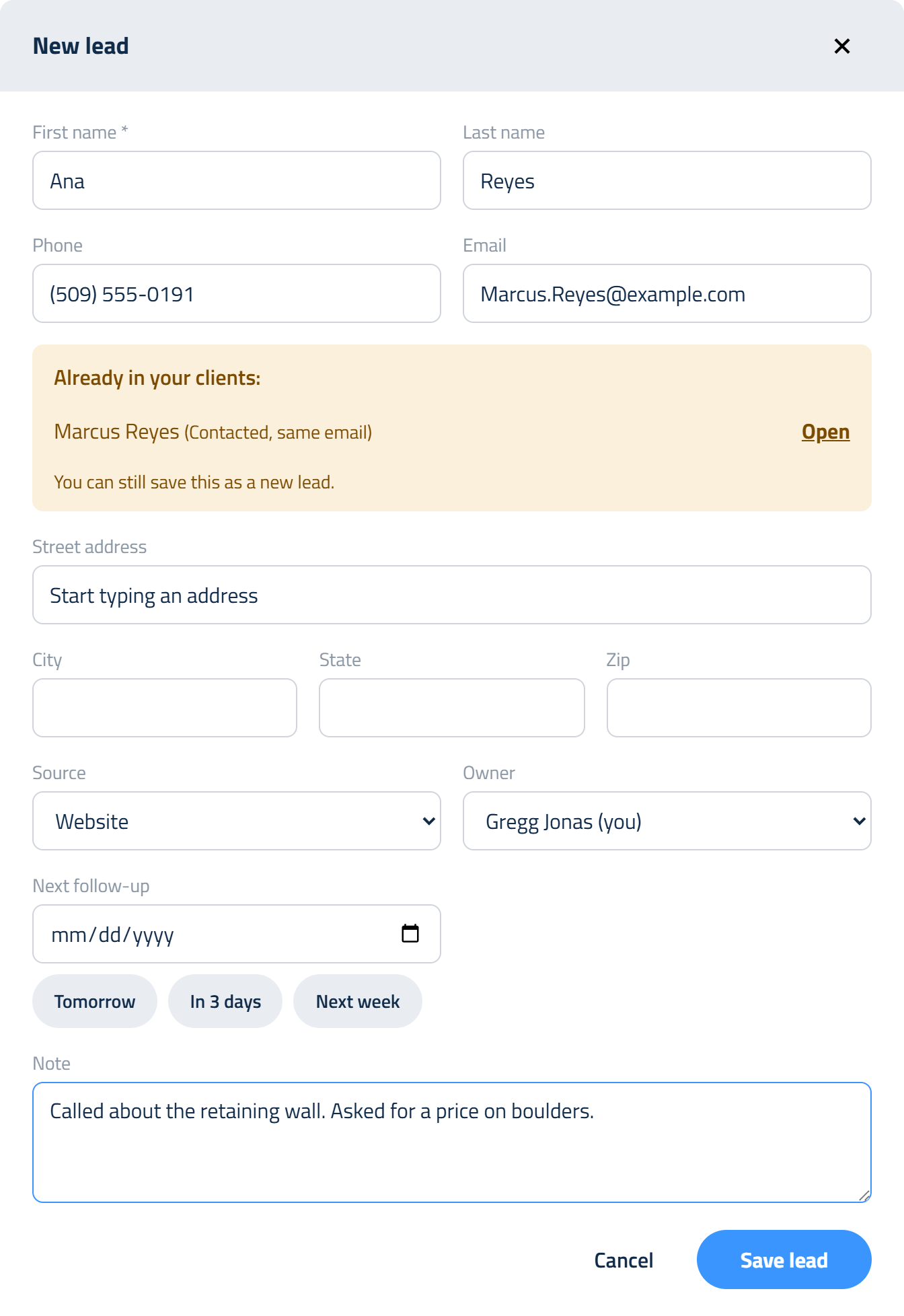 Figure 5: The New lead form. Here the email matches a lead who's already in the Hub, so you get a warning before you create a second record.