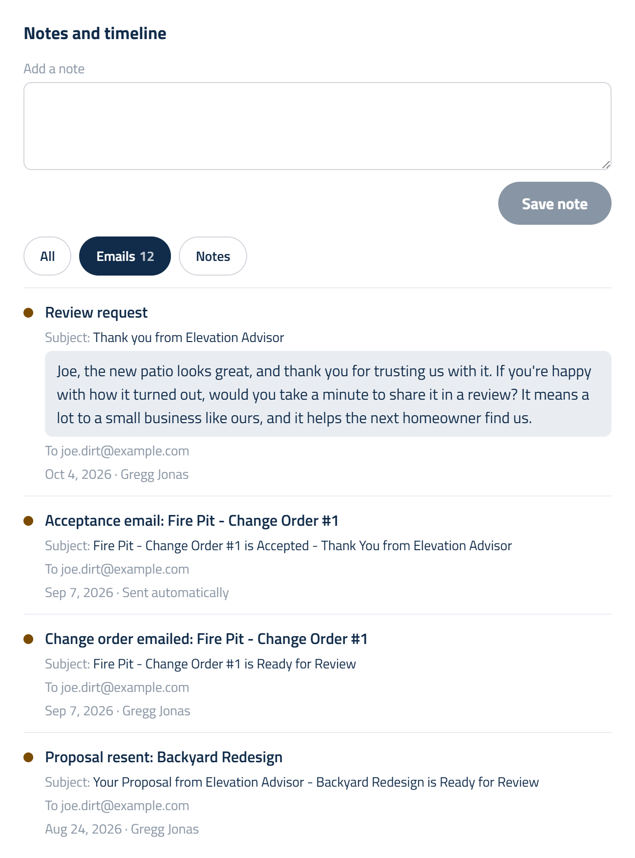 Figure 10: The Emails view of the timeline. Review requests and every proposal and change order email, newest first, with any personal message in the grey box.