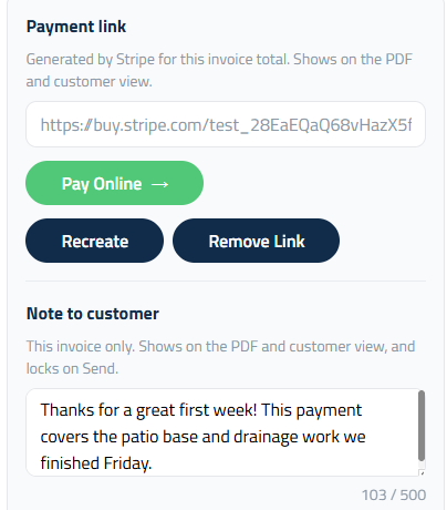 Figure 8: The Payment link and Note to customer on an invoice.