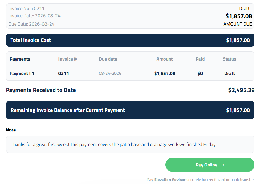 Figure 3: Your note and the Pay Online button on the client's invoice.