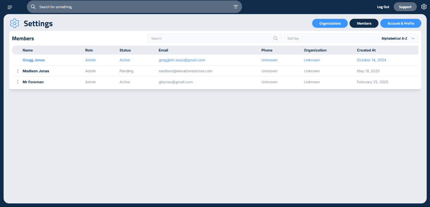 Figure 1: Members page in Account Settings
