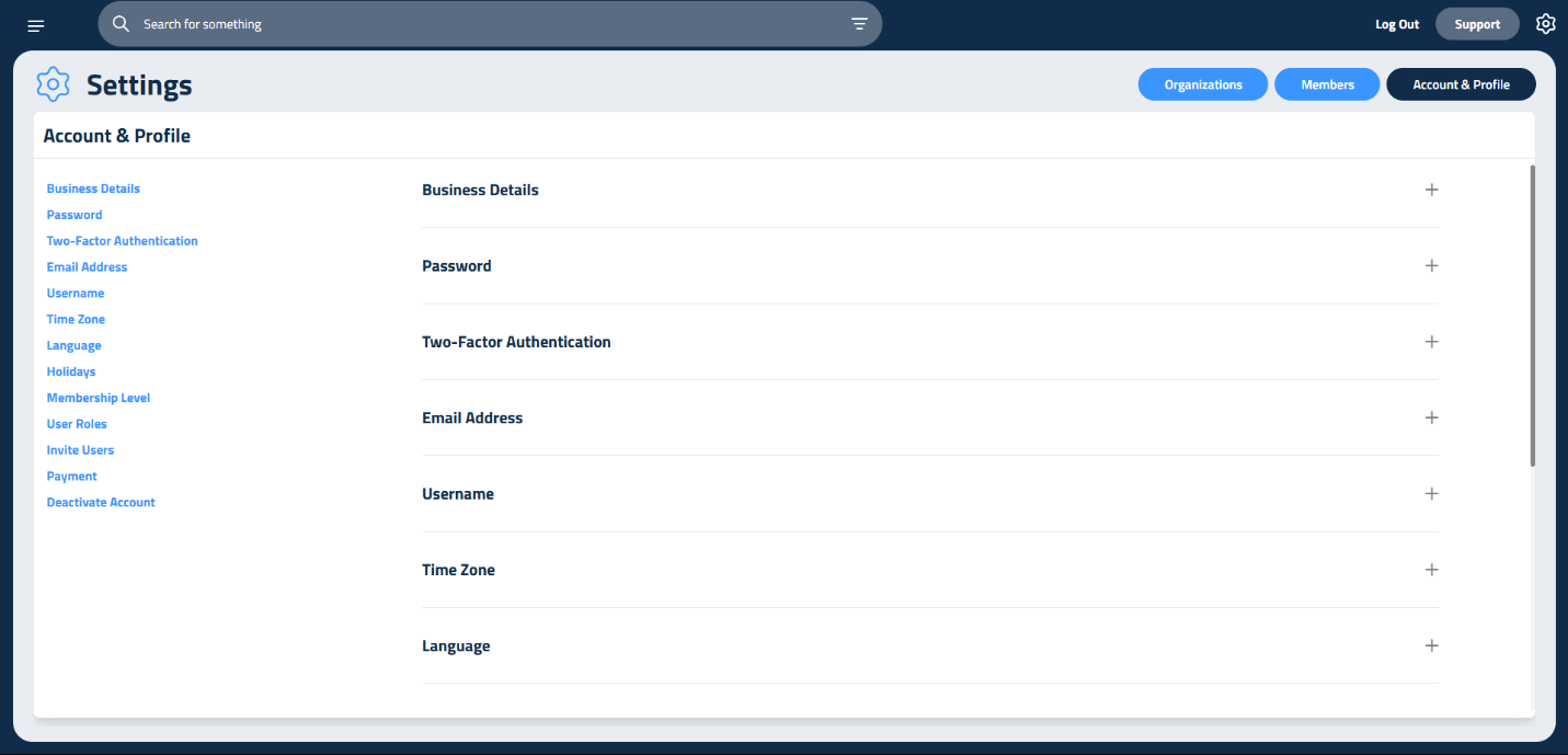 Figure 2: Account & Profile settings, showing options for updating business and personal details.