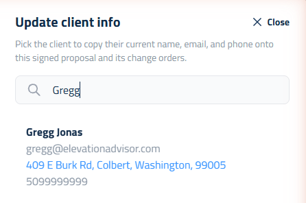 Figure 3: The Update client info sidebar on an accepted proposal.