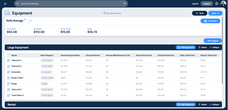 Figure 1: Equipment setup page, displaying equipment categories and details in Elevation Advisor.