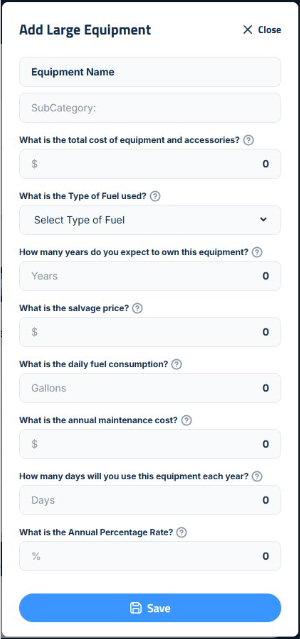 Figure 2: Add Equipment sidebar, showing fields for entering equipment details like cost and fuel type.