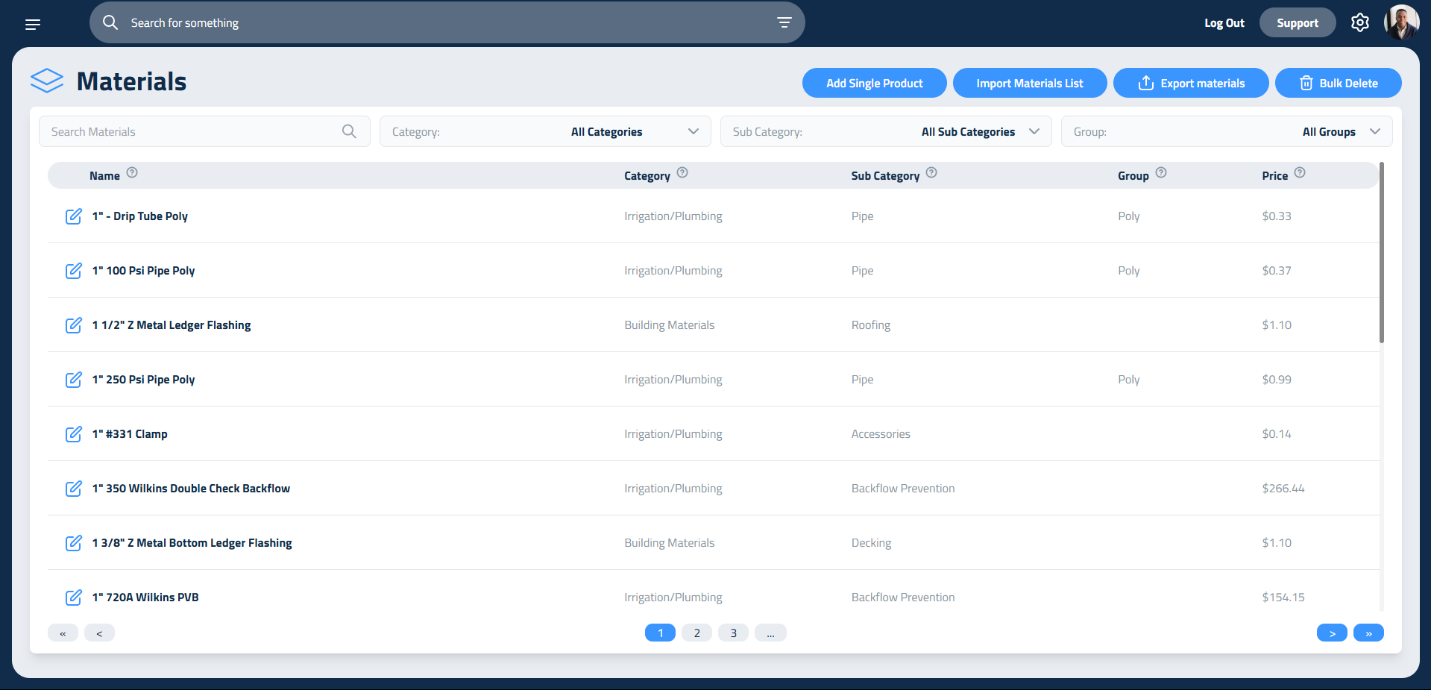 Figure 1: Materials setup page, showing the interface for adding materials.