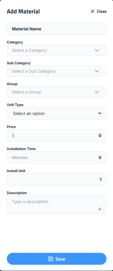 Figure 2: Add Single Product sidebar, showing fields for material name, category, and install time.
