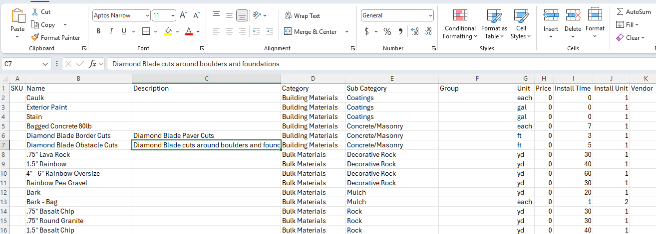 Figure 3: Materials import template.