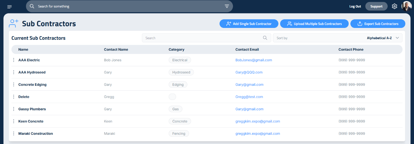 Figure 1: Subcontractors setup page, showing the interface for adding subcontractor details.