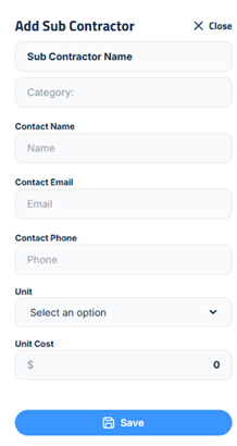 Figure 2: Add Single Sub Contractor sidebar, showing fields for subcontractor name and contact info.