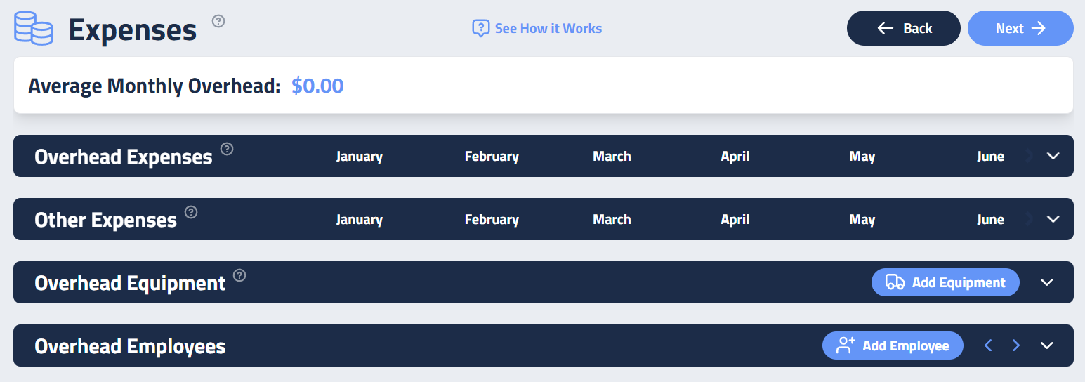 Figure 1: Overhead Expenses section, showing pre-built Categories. .