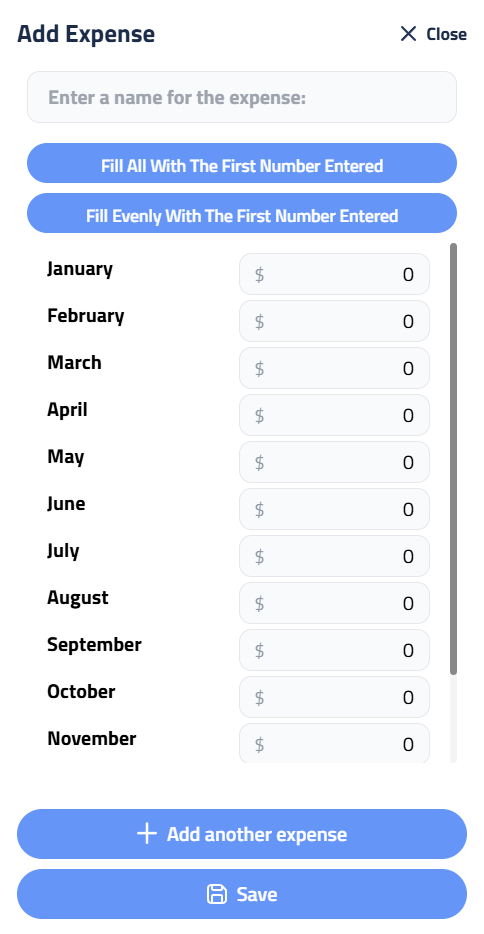 Figure 2: Add Expense sidebar, illustrating how to input monthly costs like utilities or insurance.