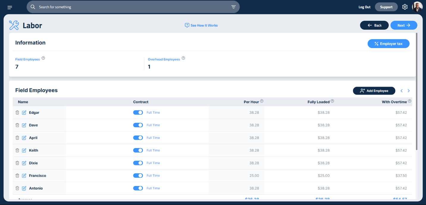 Figure 1: Illustrating the interface for adding field and overhead employees.