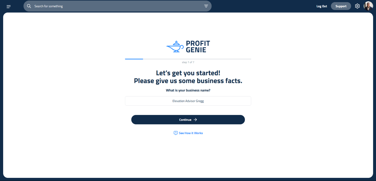 Figure 1: Profit Genie Wizard Step 1, prompting the user to enter their company name.