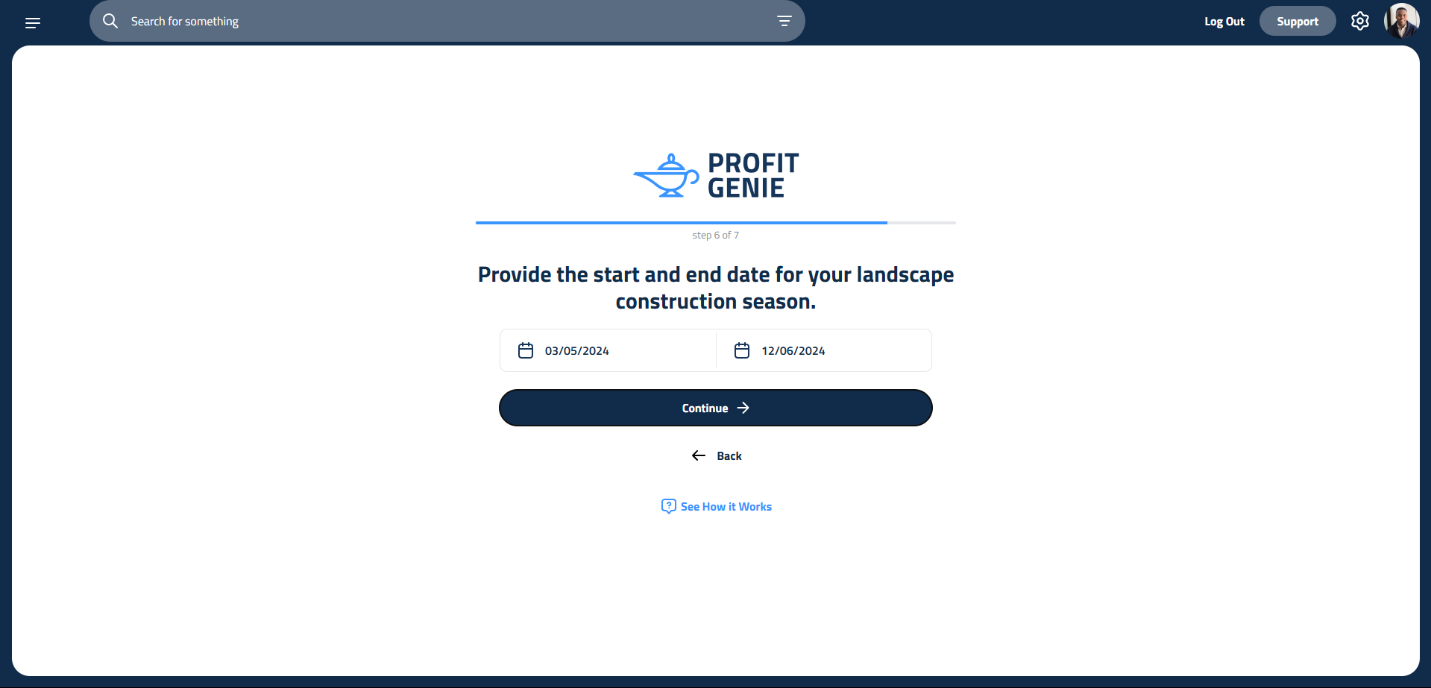 Figure 2: Profit Genie Wizard Step 6, showing the input field for Start and End of the work season.