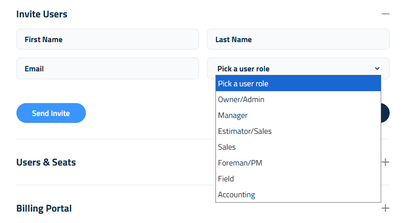 Settings, Account & Profile, Invite Users: pick the role before you send the invite.