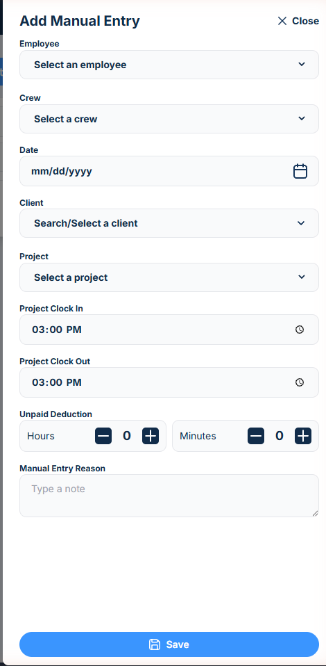 Add Manual Entry. Only your account gets the Employee picker at the top.