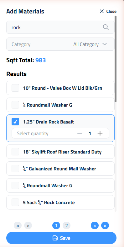 Figure 6: Choosing a material and quantity in the Add Materials sidebar.