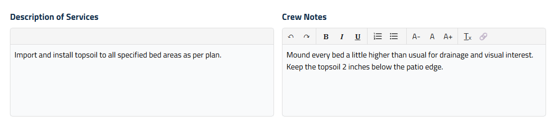 Figure 3: Description of Services and Crew Notes for a section.