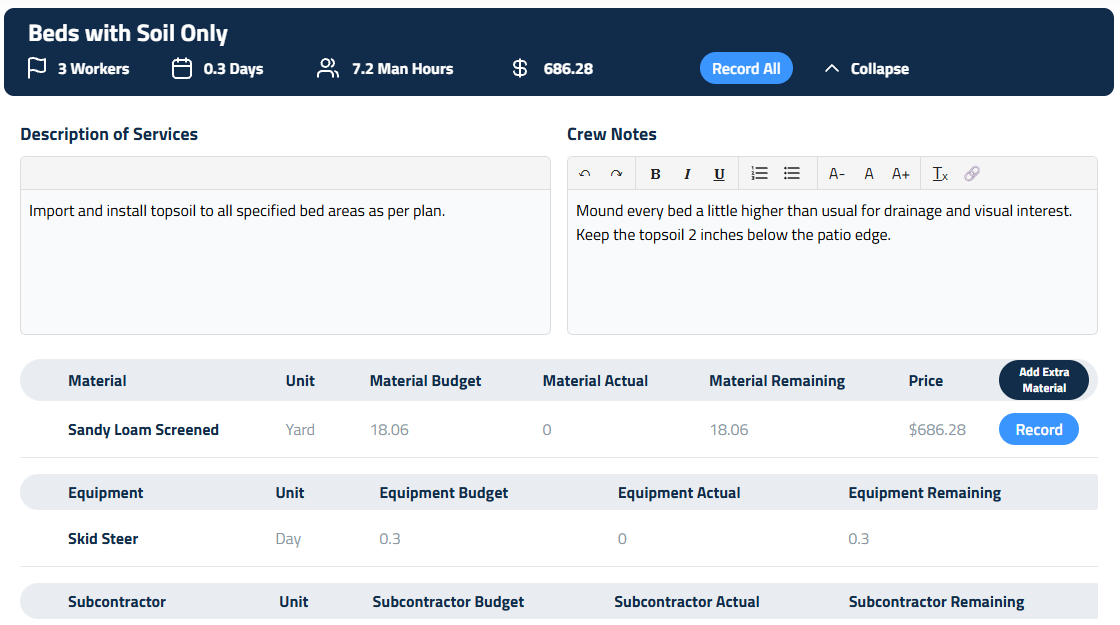 A section opened in the project budget: hours allotted, materials and the description of services your crew works to.