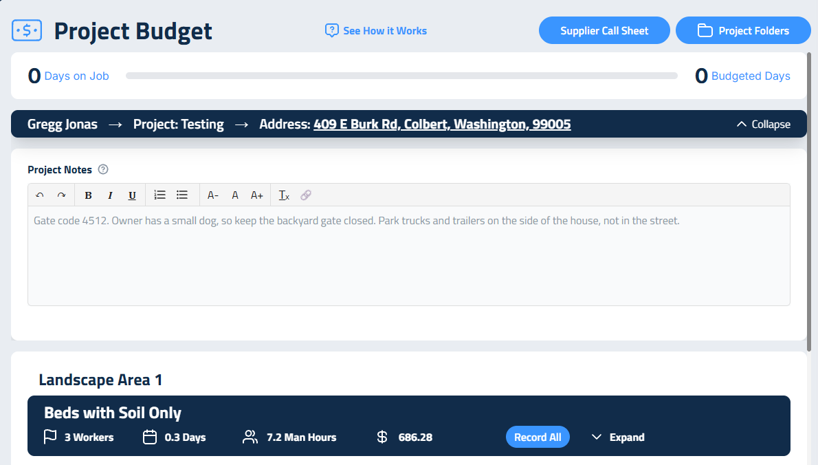 Figure 2: Top of the Project Budget page, with Project Notes and the quick links.