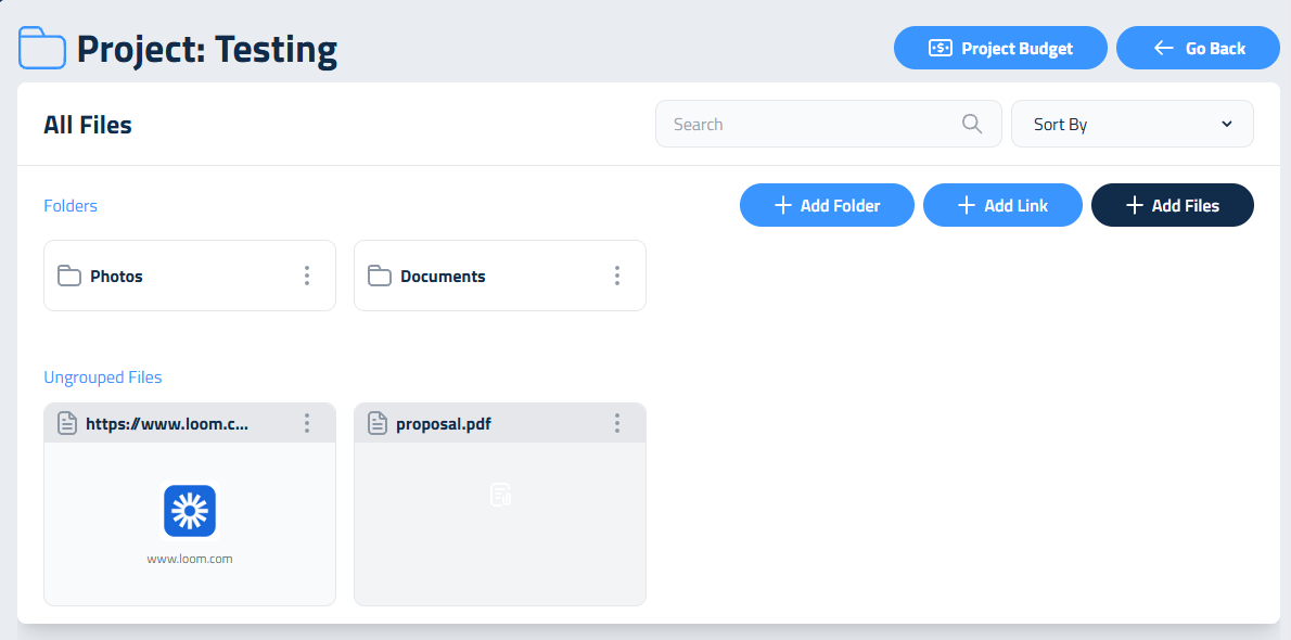 Figure 1: A Project Folder, with the Project Budget button, default folders, and a saved link.