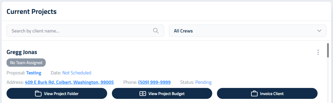 Figure 2: Searching by client name and filtering by crew.