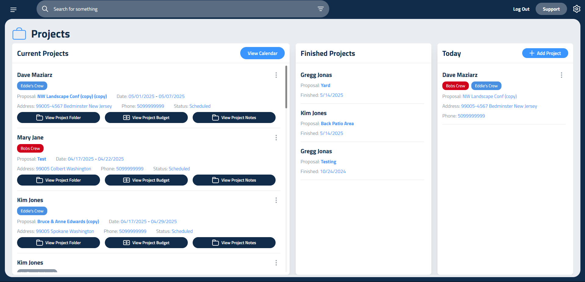 Figure 1: Projects tab, listing active projects with customer names and job statuses.