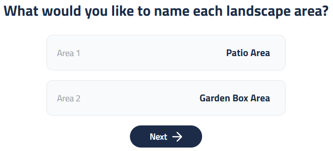 Figure 1: Landscape Areas setup, allowing users to define Landscape Areas like Front Yard or Backyard.