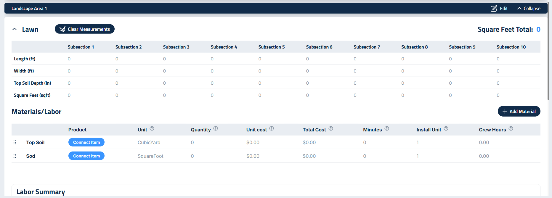 Figure 2: Section editor, showing material and labor allocation for a specific install element.