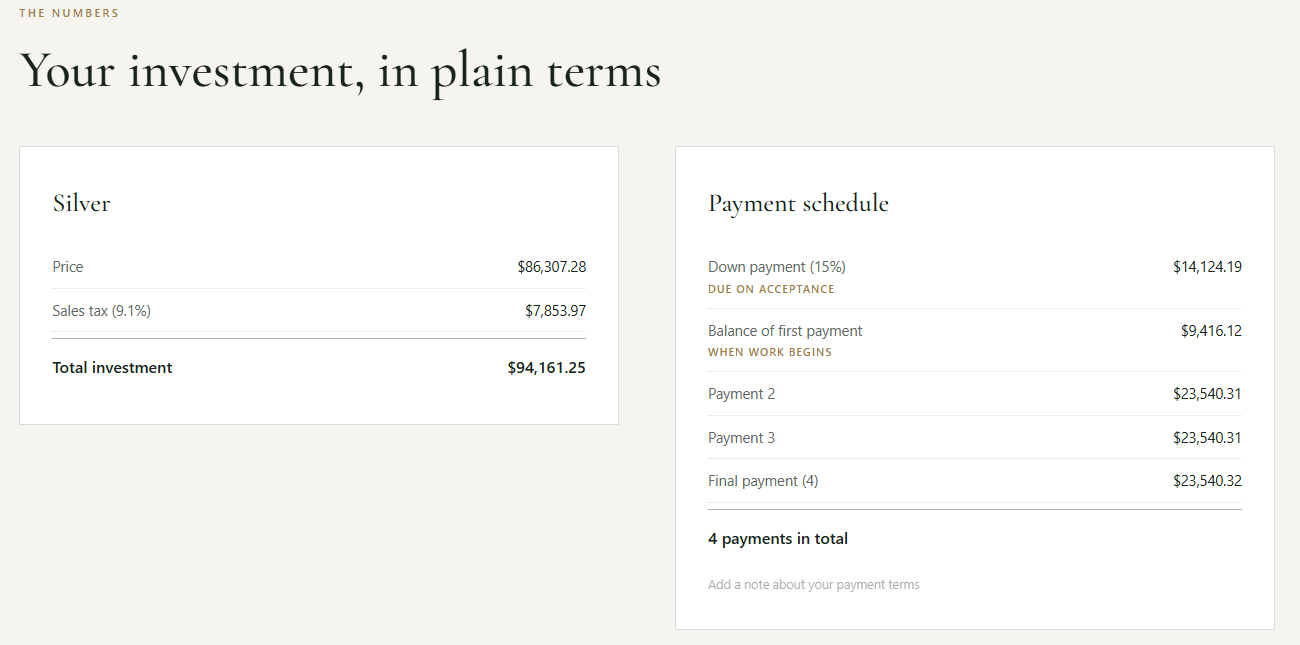 Figure 8: After a package is chosen, the price, tax, total, and payment schedule appear.