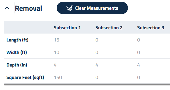 Figure 1: Entering measurements for the Removal Section.