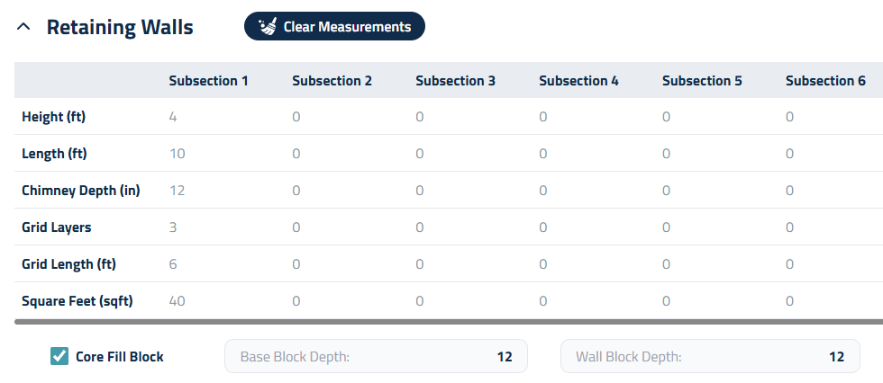 Figure 1: Entering measurements for the Retaining Wall Section.