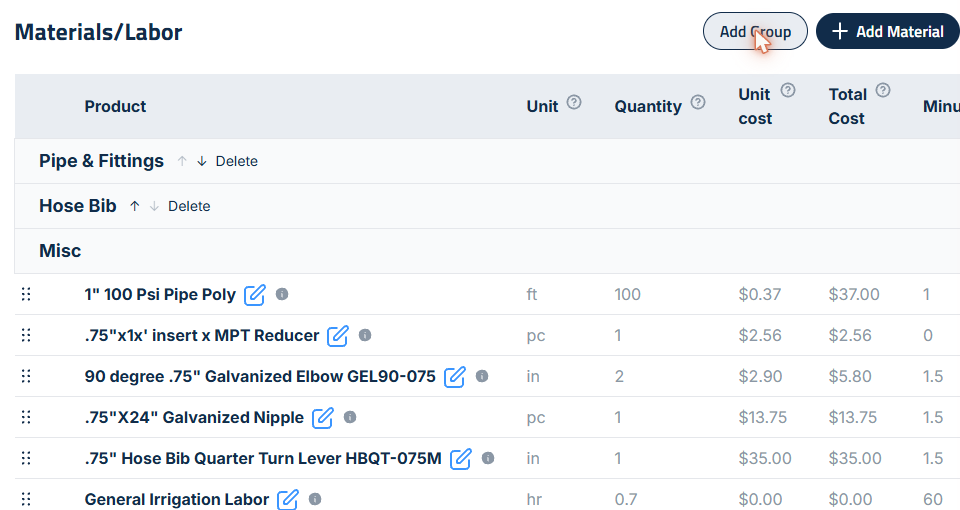 Figure 6: Add Group, and new groups with their reorder arrows and Delete.